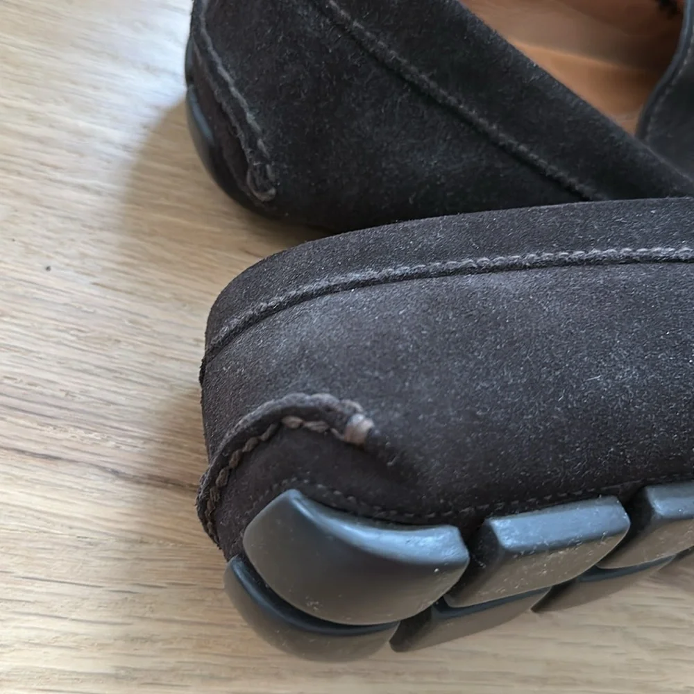 PRADA men's dark brown suede leather slip-on driving moccasins size 10, unworn